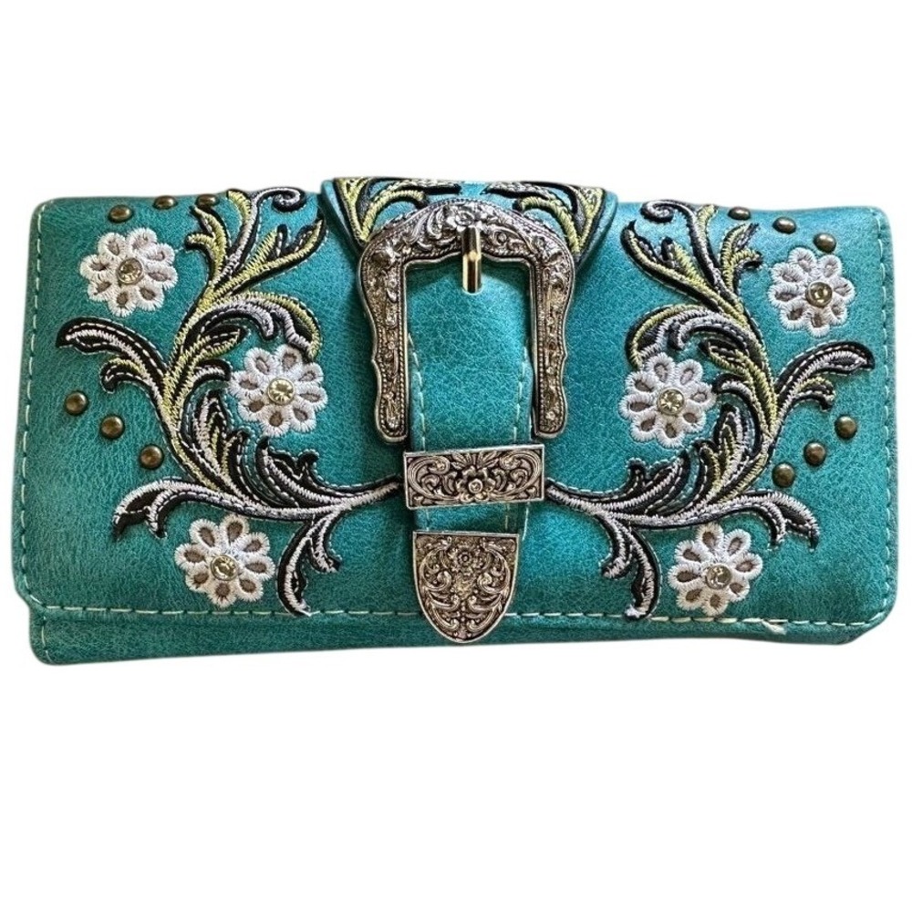 Western Turquoise Embroidered Floral Buckle Tri-Fold Wallet Crossbody Ready